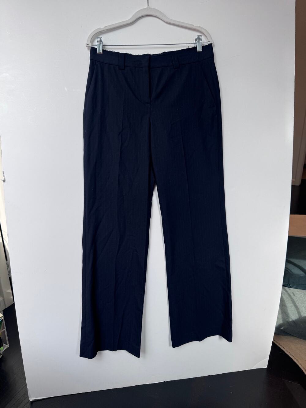 Zara Navy Blue Pinstripe Straight Leg Tailored Trousers Size M office business